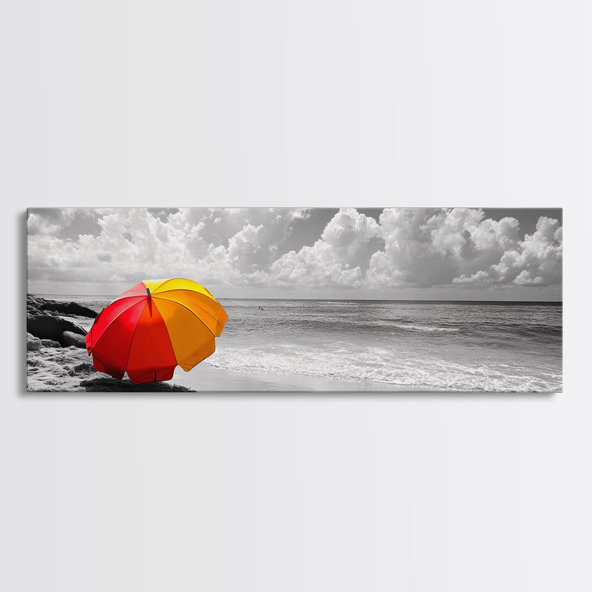 Red Yellow Umbrella, Beach Art, Summer Decor, Modern Coastal Print, Framed Canvas Print, Minimalist Wall Art, Bathroom or Hallway Decor