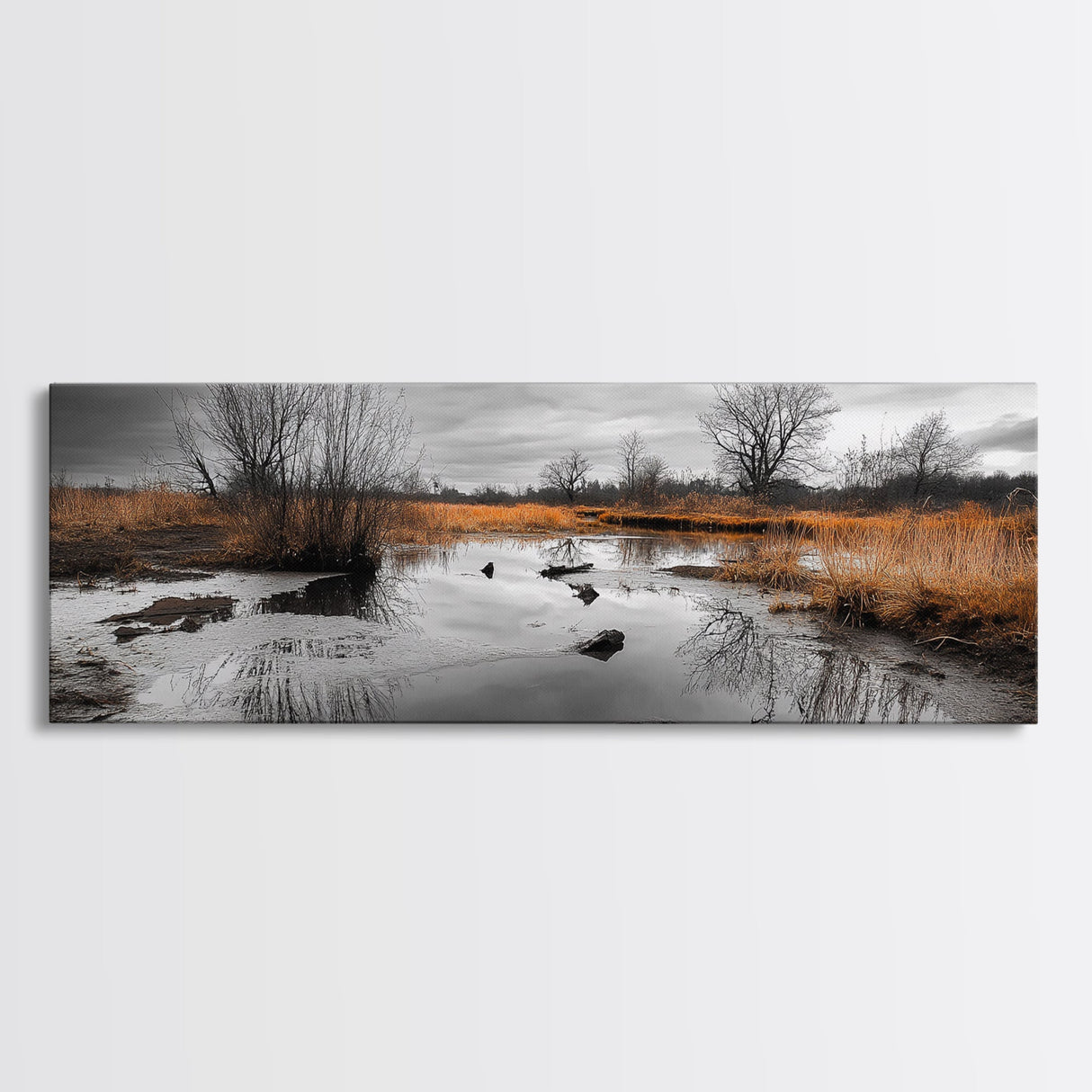 Marshland Autumn, Nature Landscape, Golden Hour Swamp View, Framed Canvas Print, Rustic Fall Home Decor, Entryway or Office Wall Art