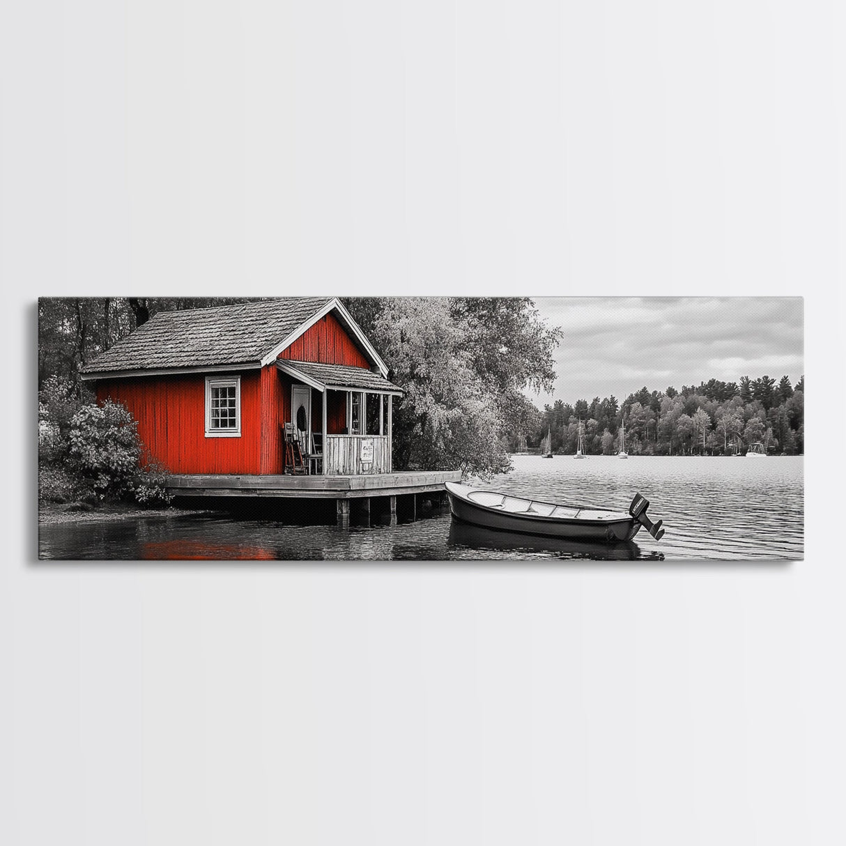 Lakeside Cabin Red, Boat House Retreat, Serene Waterfront, Autumn Color Pop, Canvas Print, Cozy Living Room Wall Art, Nature Home Decor