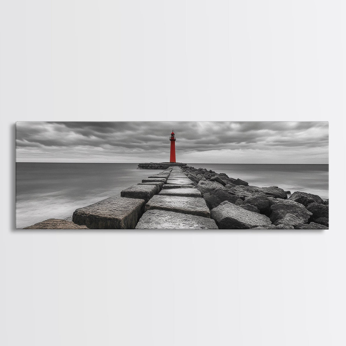 Red Lighthouse Coast, Seaside Rock Jetty, Stormy Sky Mood, Nautical Beacon View, Canvas Print, Bathroom Wall Art, Coastal Modern Decor
