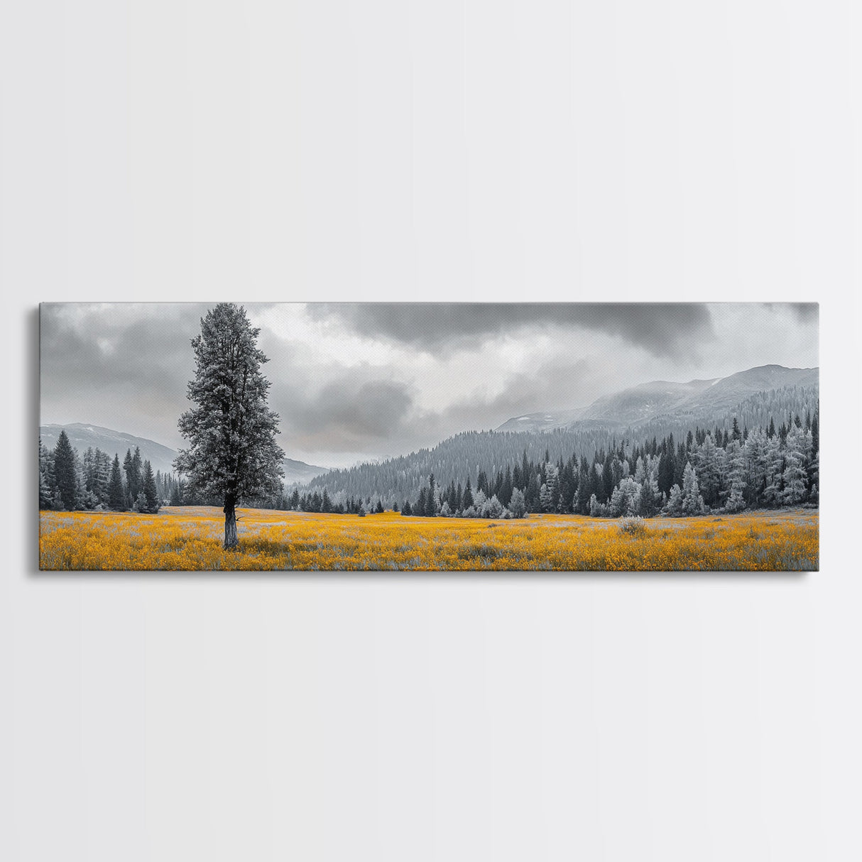 Lone Tree, Yellow Meadow, Autumn Landscape, Moody Forest, Framed Canvas Print, Nature Photography, Cabin Wall Art, Fall Home Decor