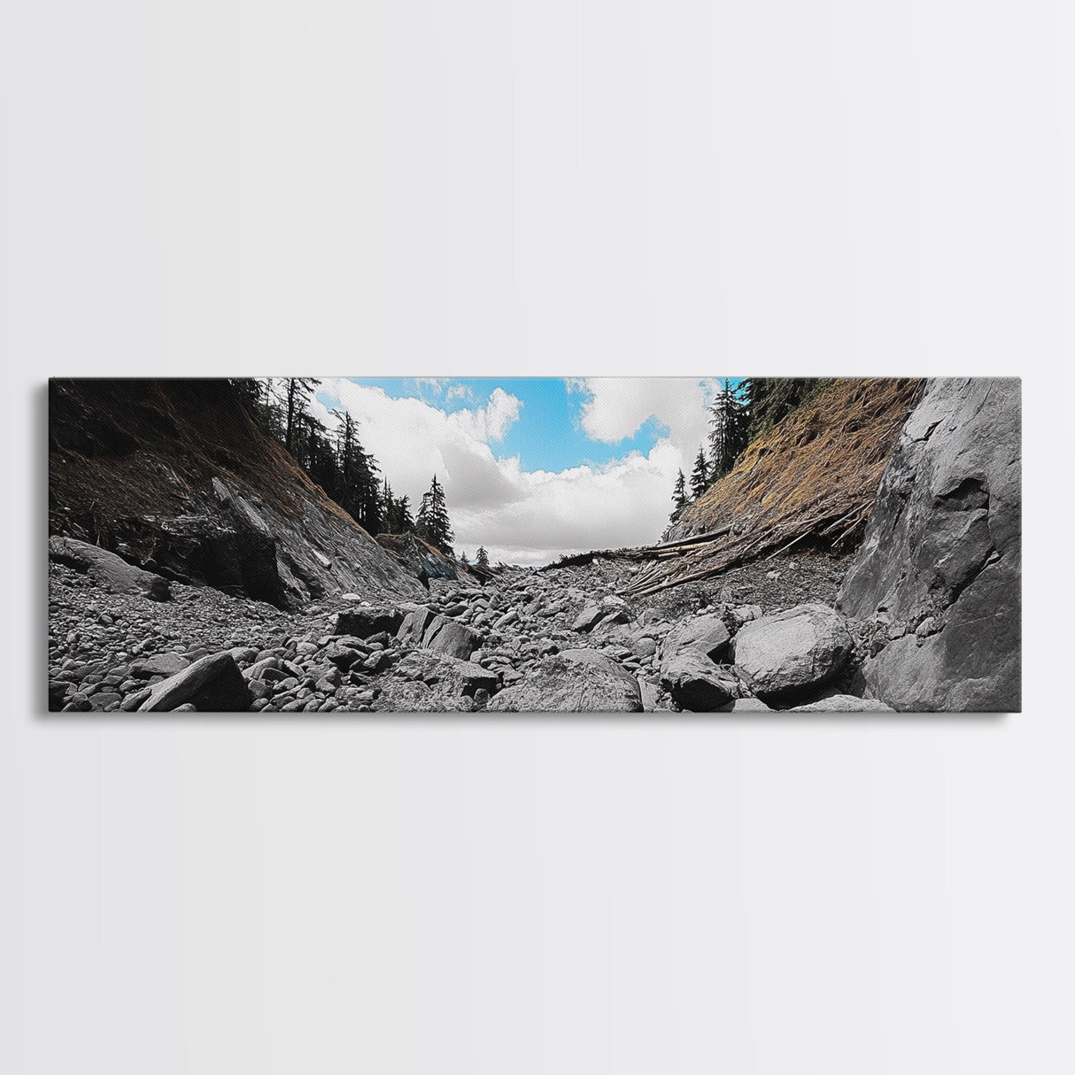 Rocky Trail, Blue Sky, Wilderness Path, Forest Adventure, Canvas Print, Rustic Nature Art, Hiking Wall Art, Cabin Living Room Decor