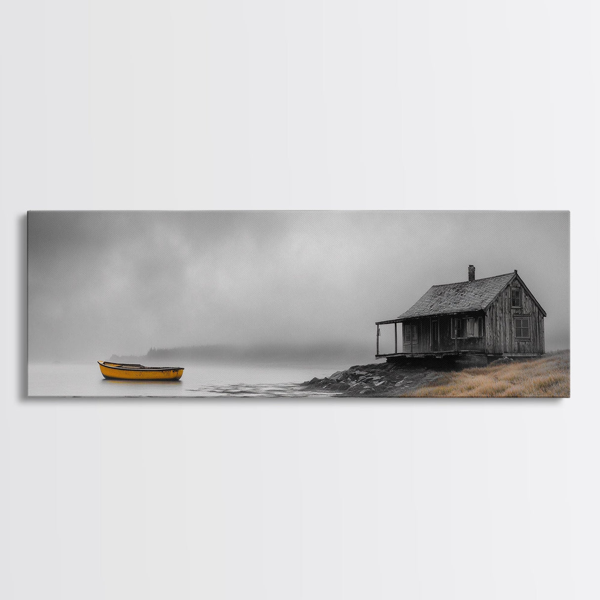 Foggy Lake, Yellow Boat, Rustic Cabin, Coastal Calm, Framed Canvas Print, Autumn Wall Art, Bedroom Decor, Minimalist Nature Photography