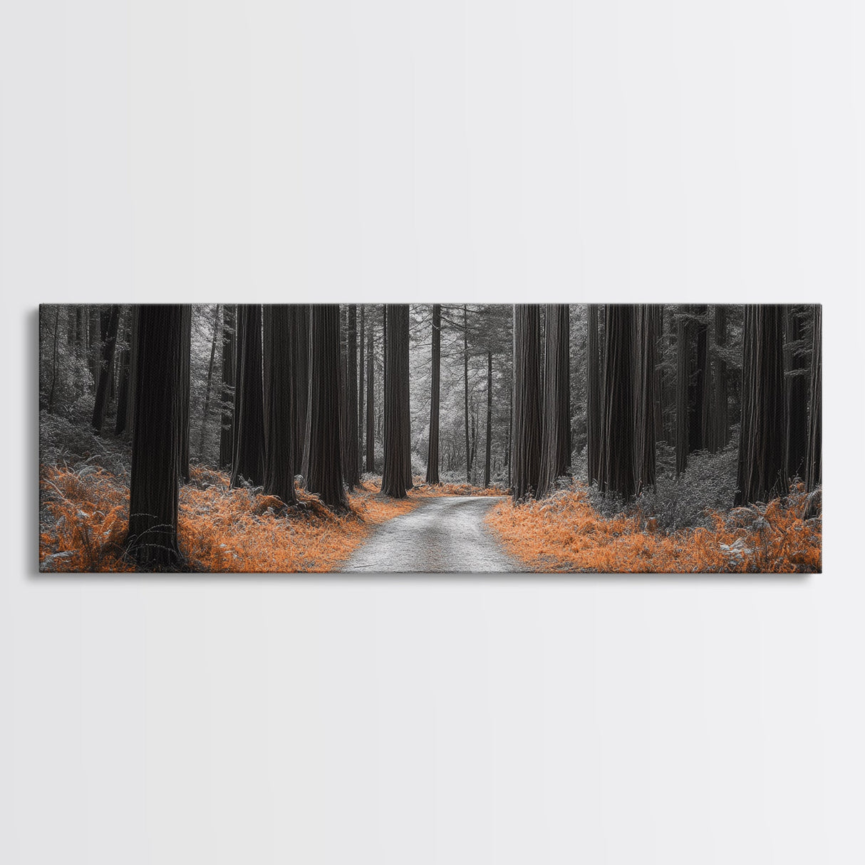Redwood Forest Path, Serene Nature Trail, Autumn Ground Cover, Framed Canvas Print, Fall Wall Art, Rustic Home Decor, Woodland Scene