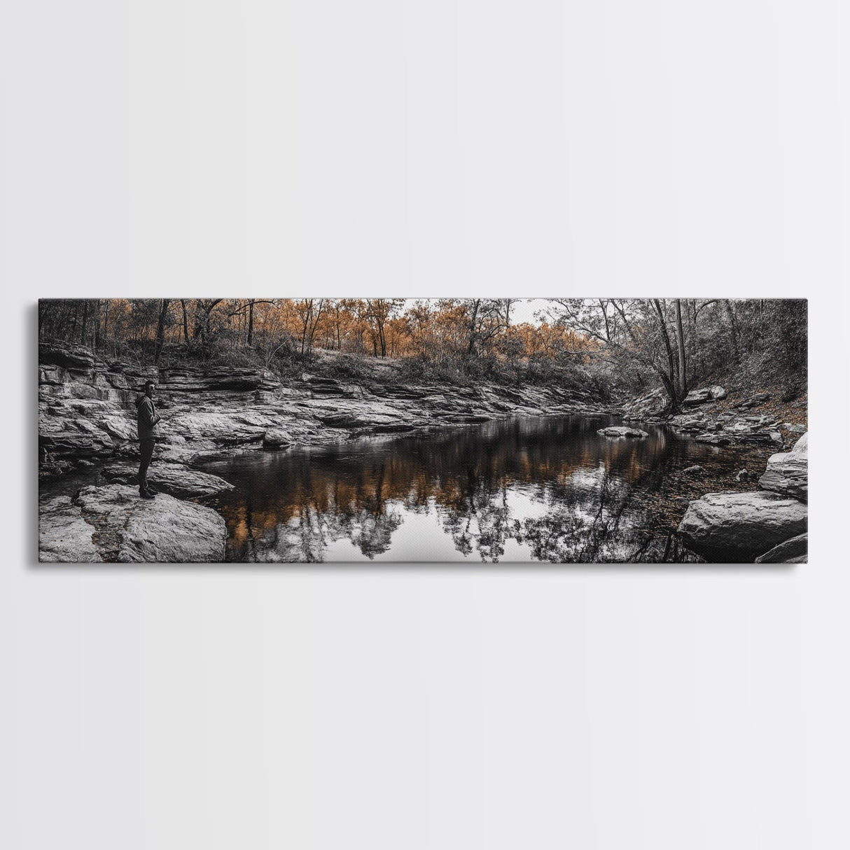 Peaceful Creek View, Fall Foliage Forest, Nature Wall Art, Fishing Scene, Framed Canvas Print, Rustic Home Decor, Autumn Photography