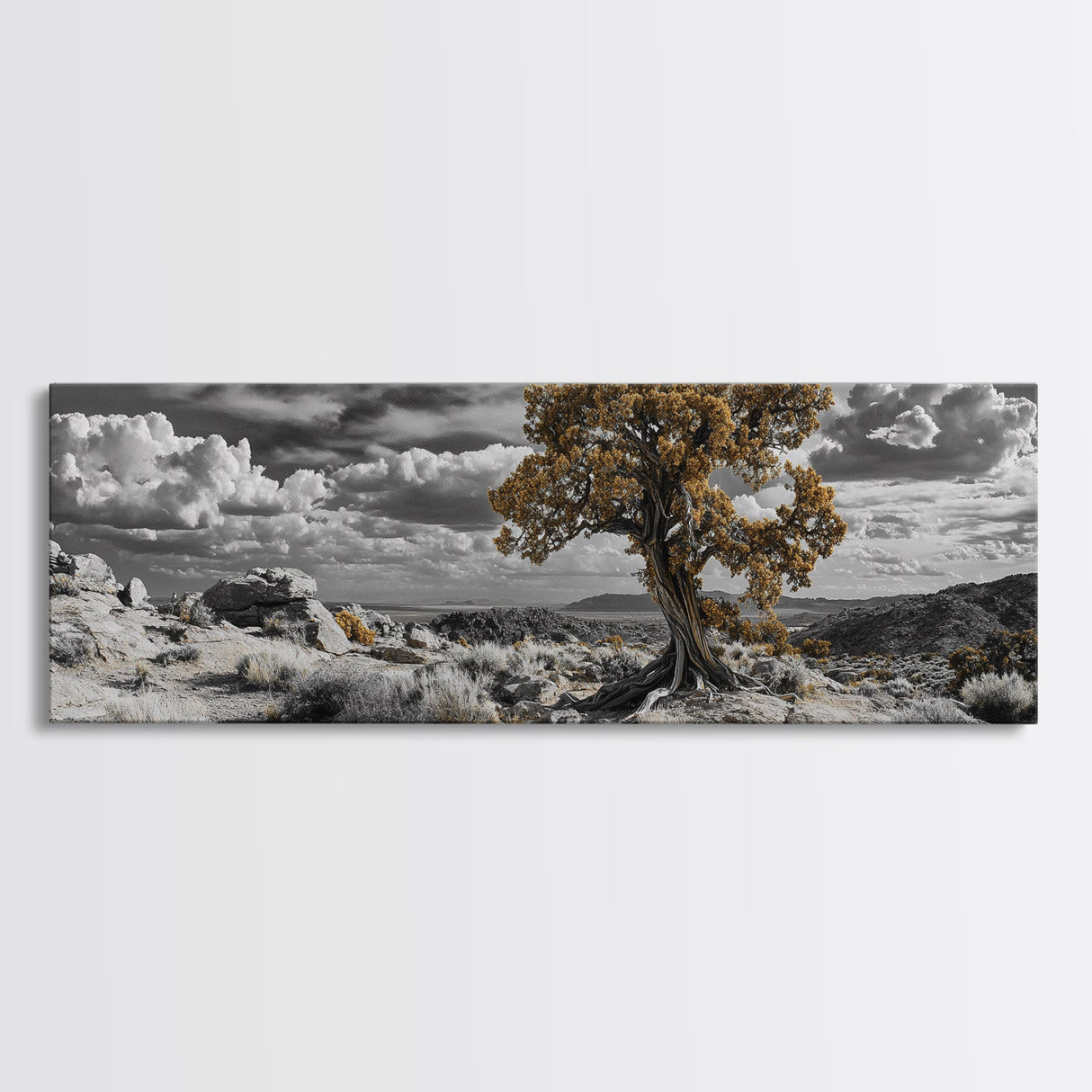 Twisted Desert Tree, Rocky Canyon Art, Dramatic Sky Nature Scene, Framed Canvas Print, Rustic Wall Decor, Moody Western Home Aesthetic