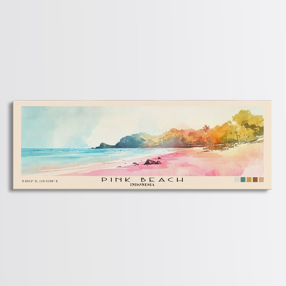 Pink Beach, Indonesia Watercolor Beach Print, Vacation Gift, Indonesia Wall Art, Beach Painting, Beach Decor, Beach Painting