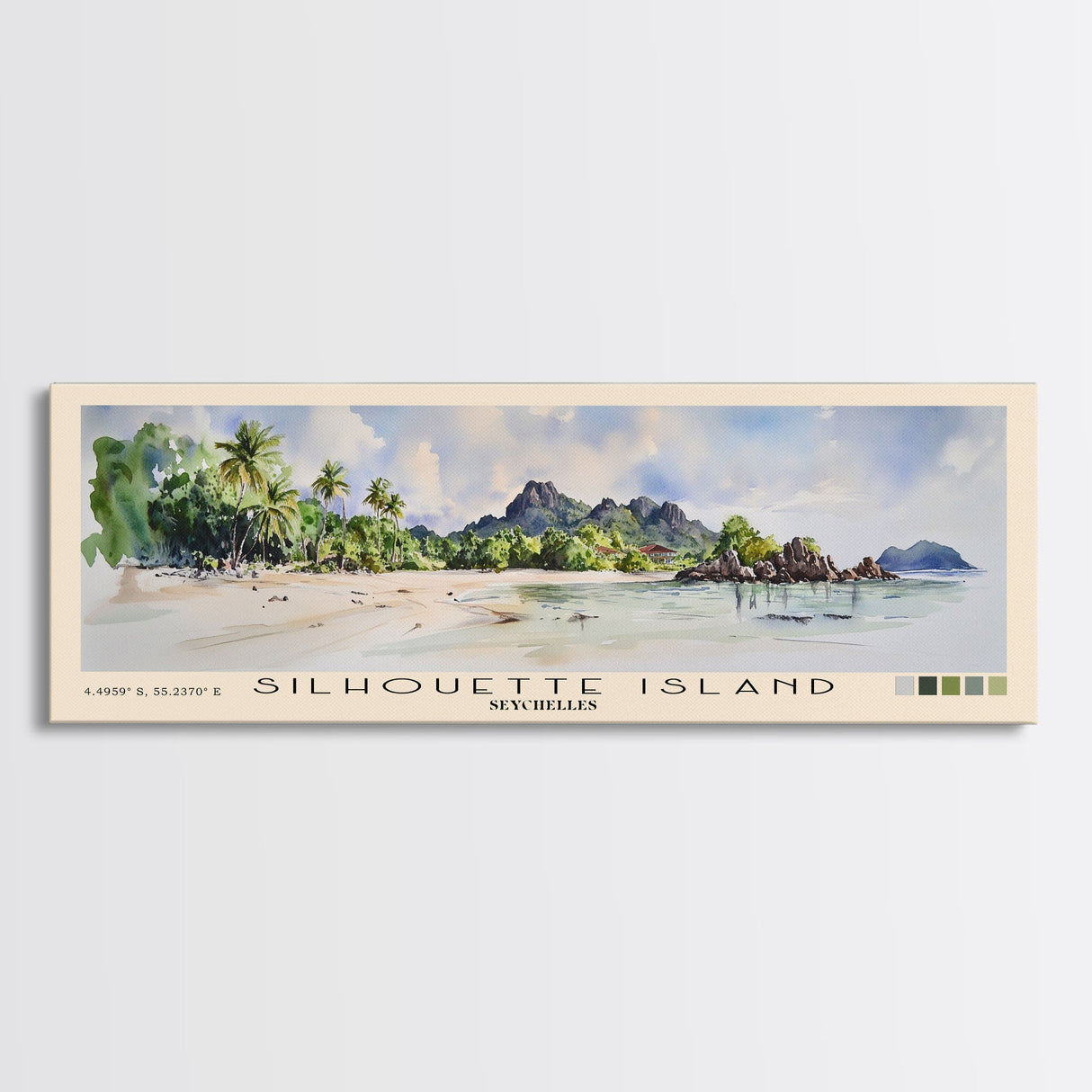 Silhouette Island, Seychelles Watercolor Print, Vacation Gift, Seychelles Wall Art, Beach Painting, Beach Decor, Large Wall Art, Wood Frame Art