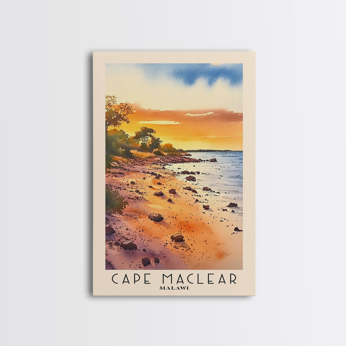 Cape Maclear, Malawi Watercolor Print, Vacation Gift, Malawi Wall Art, Beach Painting, Beach Decor, Large Wall Art, Wood Frame Art