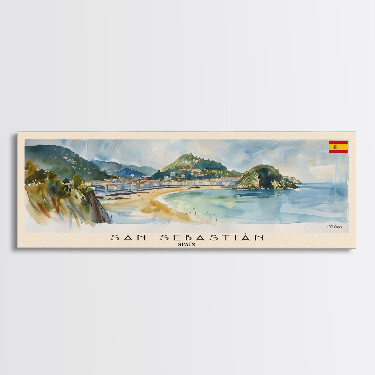 San Sebastian Spain Panoramic Travel Poster, Framed Canvas Print or Metal Wall Art, Travel Art, Home Decor, Panoramic Painting, Midcentury Art