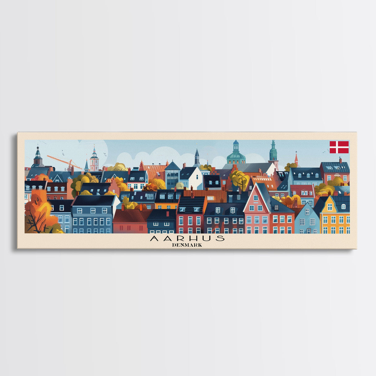Aarhus Denmark Panoramic Travel Poster, Framed Canvas Print or Metal Wall Art, Travel Art, Home Decor, Panoramic Painting, Midcentury Art