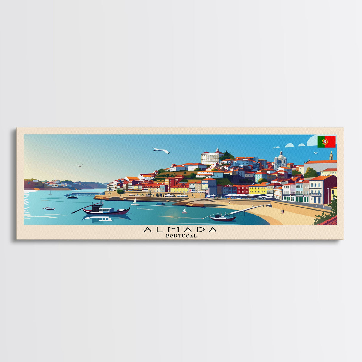 Almada Portugal Travel Art, City Art, Framed Canvas Print or Metal Wall Art, Europe Travel Poster, Panoramic Wall Art, Extra Wide Wall Art