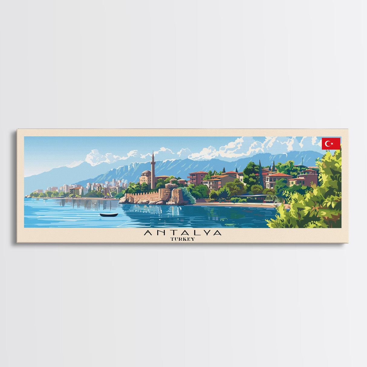 Antalya Turkey Panoramic Travel Poster, Framed Canvas Print or Metal Wall Art, Travel Art, Home Decor, Panoramic Painting, Midcentury Art