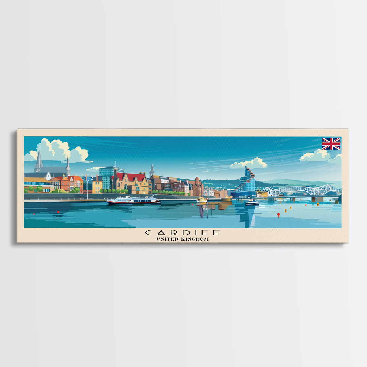 Cardiff United Kingdom Travel Art, City Art, Framed Canvas Print or Metal Wall Art, Europe Travel Poster, Panoramic Wall Art, Extra Wide Wall Art