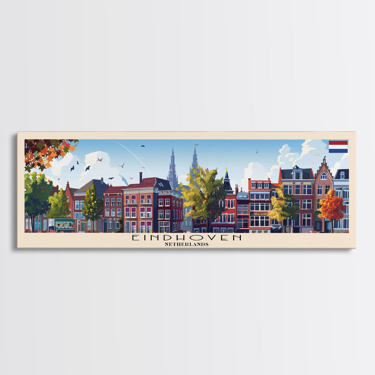 Eindhoven Netherlands Panoramic Travel Poster, Framed Canvas Print or Metal Wall Art, Travel Art, Home Decor, Panoramic Painting, Midcentury Art