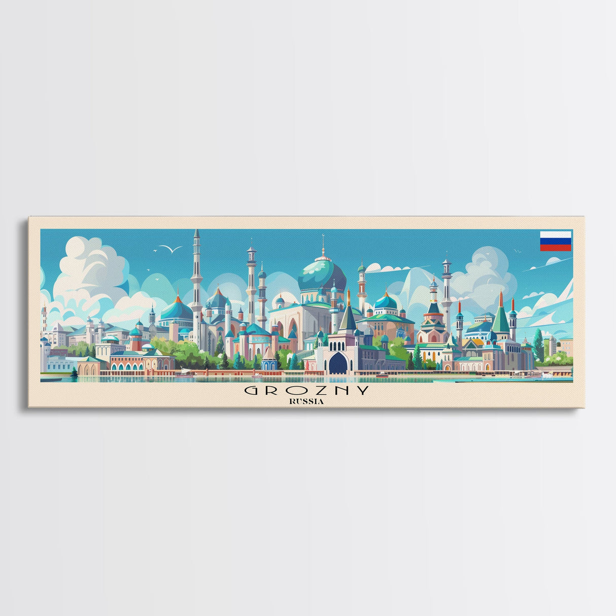 Grozny Russia Panoramic Travel Poster, Framed Canvas Print or Metal Wall Art, Travel Art, Home Decor, Panoramic Painting, Midcentury Art