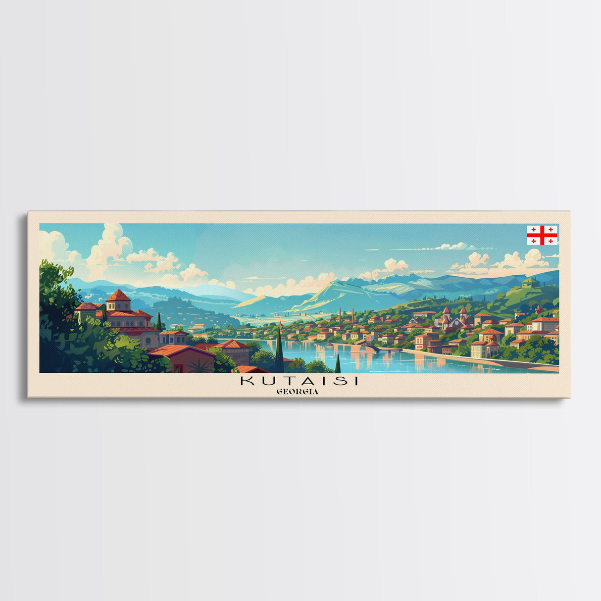 Kutaisi Georgia Panoramic Travel Poster, Framed Canvas Print or Metal Wall Art, Travel Art, Home Decor, Panoramic Painting, Midcentury Art
