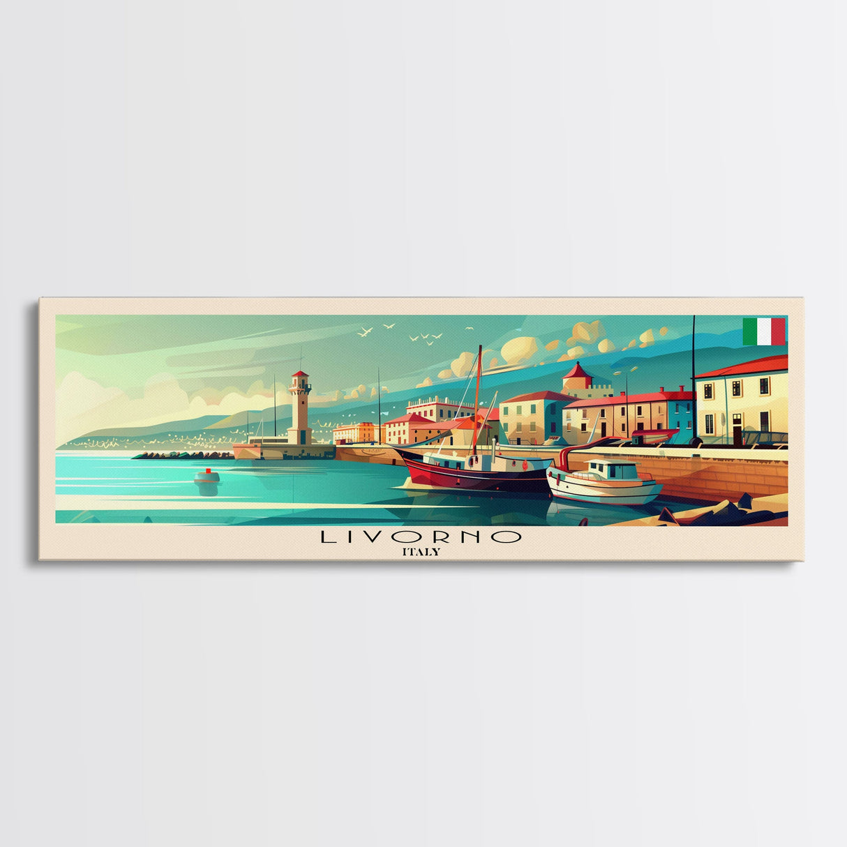 Livorno Italy Panoramic Travel Poster, Framed Canvas Print or Metal Wall Art, Travel Art, Home Decor, Panoramic Painting, Midcentury Art