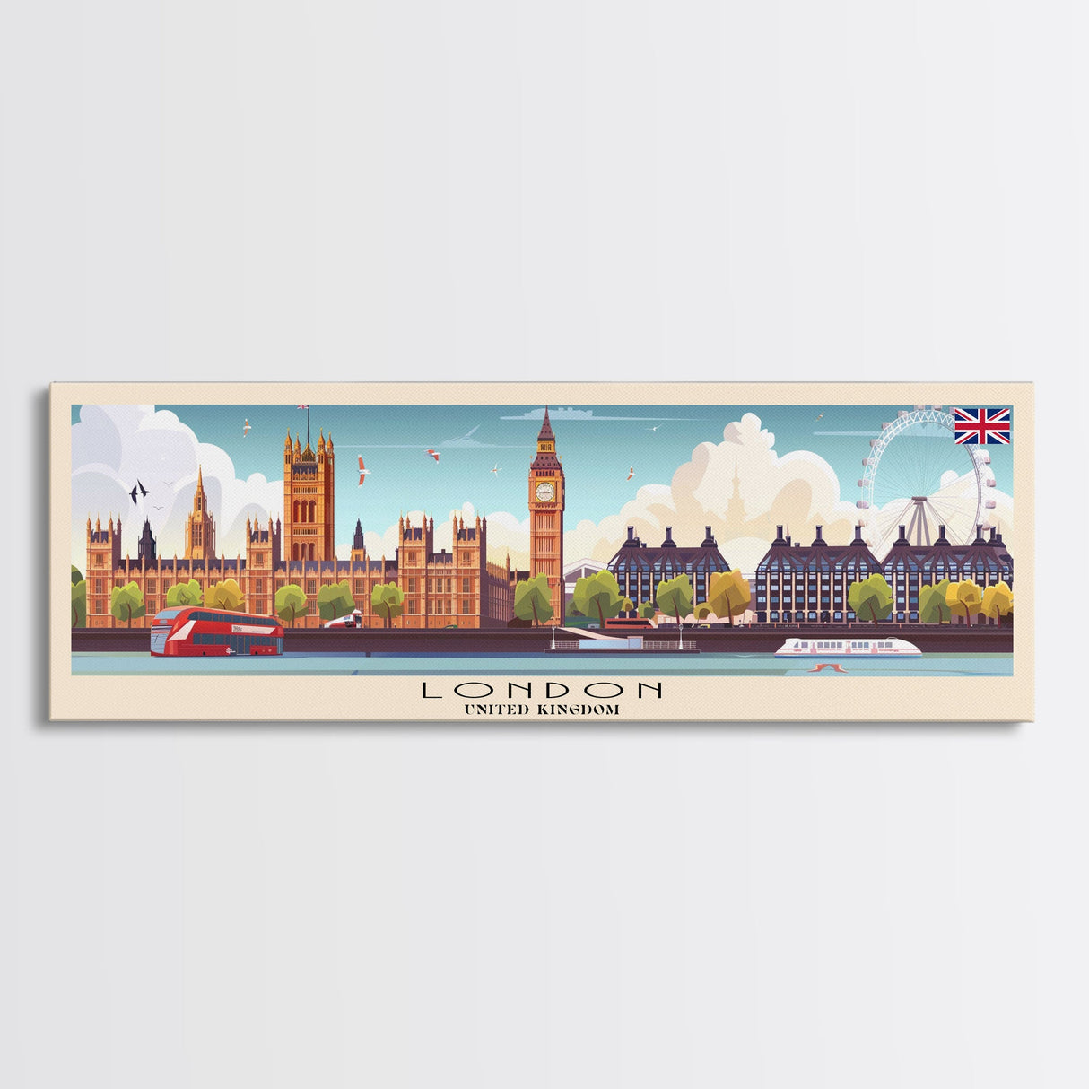 London United Kingdom Panoramic Travel Poster, Framed Canvas Print or Metal Wall Art, Travel Art, Home Decor, Panoramic Painting, Midcentury Art