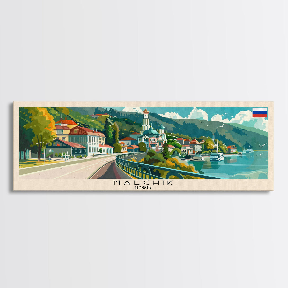 Nalchik Russia Panoramic Travel Poster, Framed Canvas Print or Metal Wall Art, Travel Art, Home Decor, Panoramic Painting, Midcentury Art