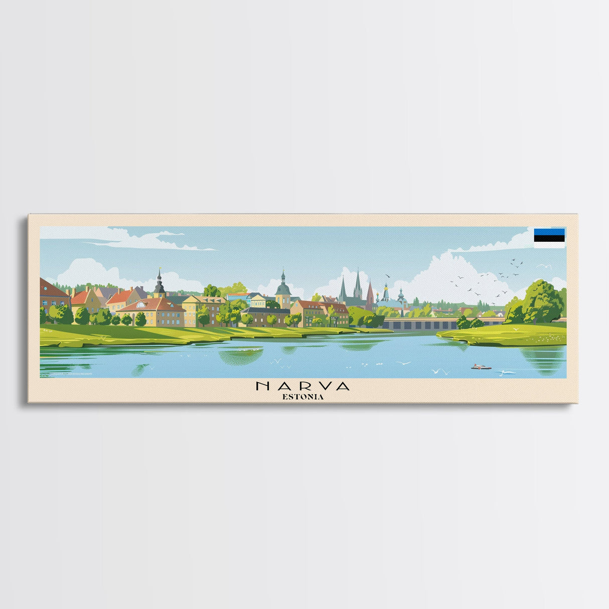 Narva Estonia Panoramic Travel Poster, Framed Canvas Print or Metal Wall Art, Travel Art, Home Decor, Panoramic Painting, Midcentury Art