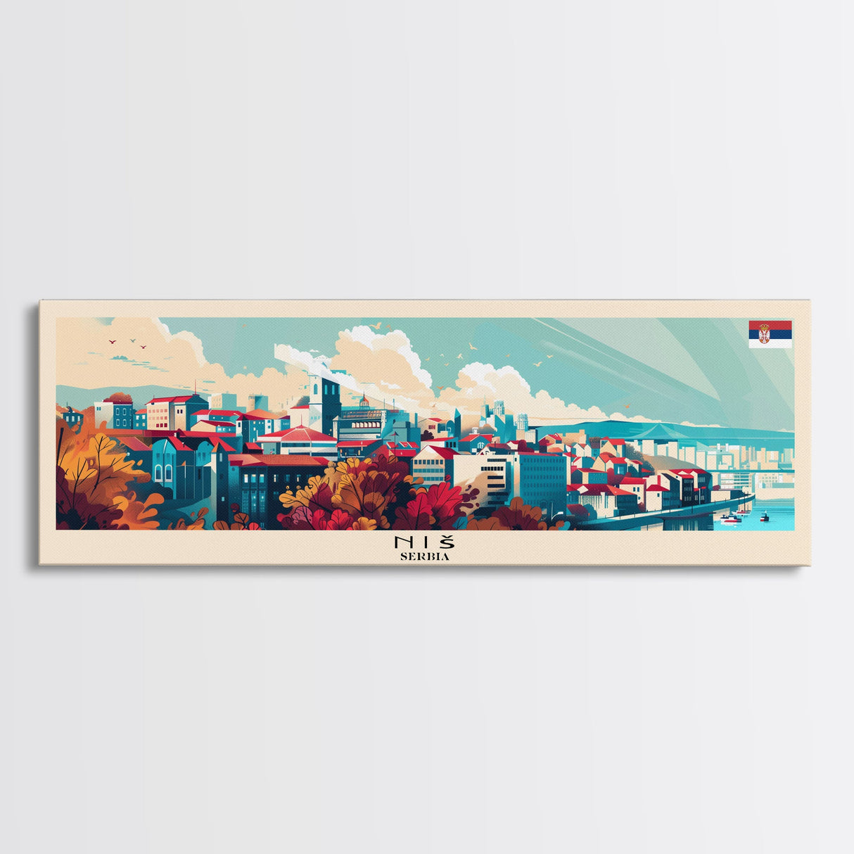 Niš Serbia Panoramic Travel Poster, Framed Canvas Print or Metal Wall Art, Travel Art, Home Decor, Panoramic Painting, Midcentury Art