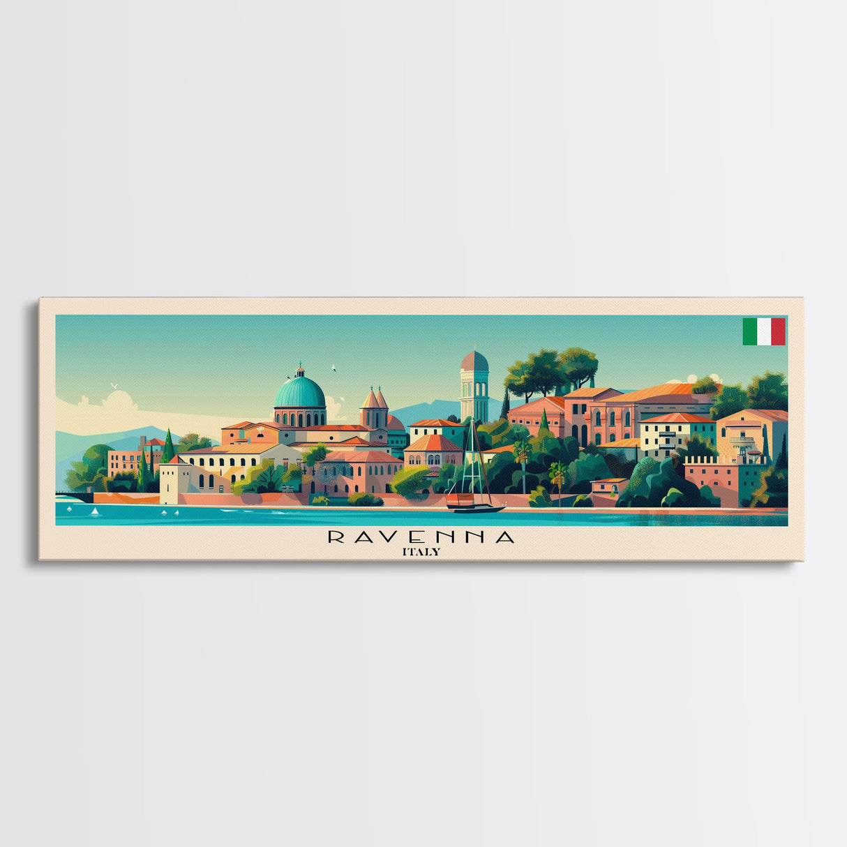 Ravenna Italy Panoramic Travel Poster, Framed Canvas Print or Metal Wall Art, Travel Art, Home Decor, Panoramic Painting, Midcentury Art