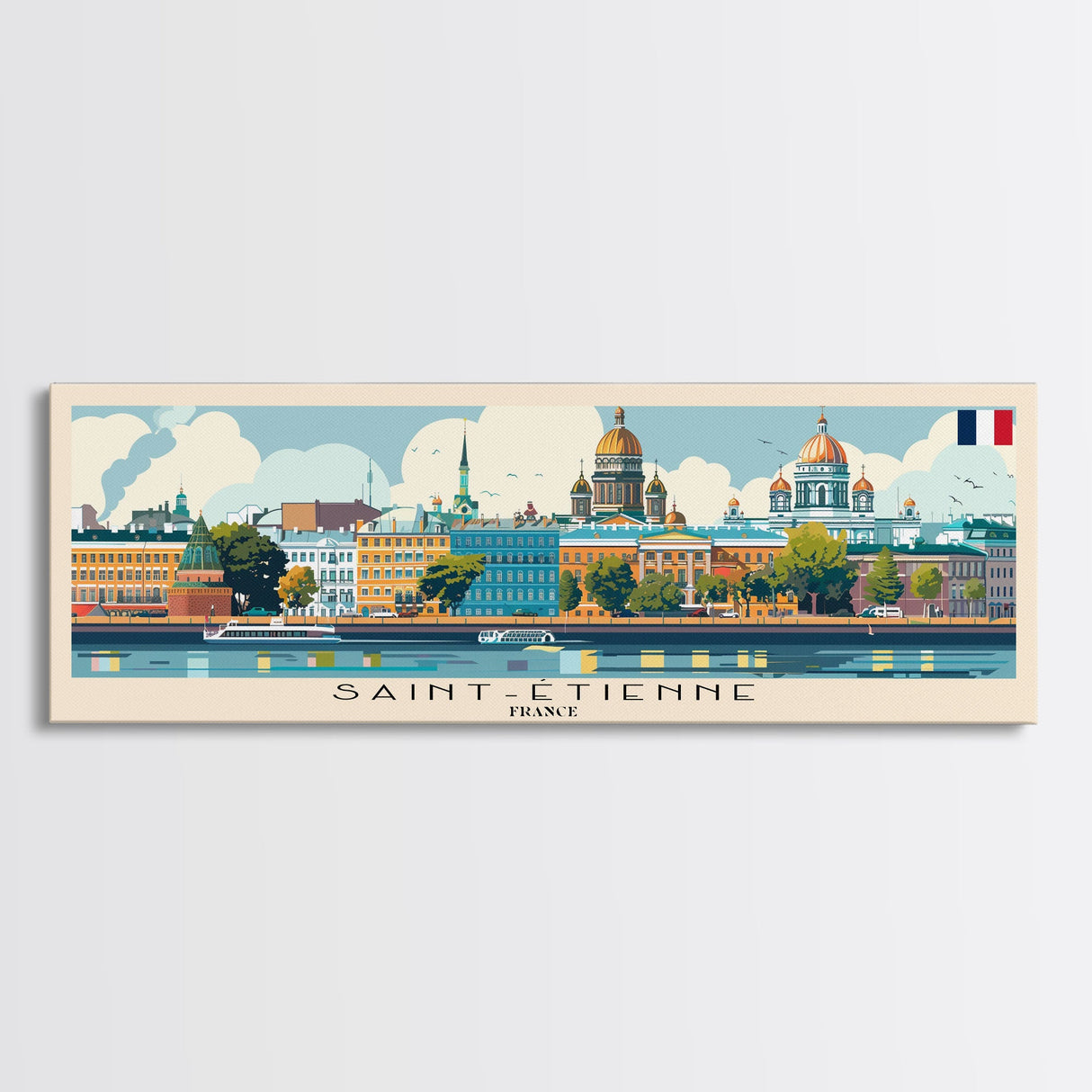 Saint Etienne France Panoramic Travel Poster, Framed Canvas Print or Metal Wall Art, Travel Art, Home Decor, Panoramic Painting, Midcentury Art