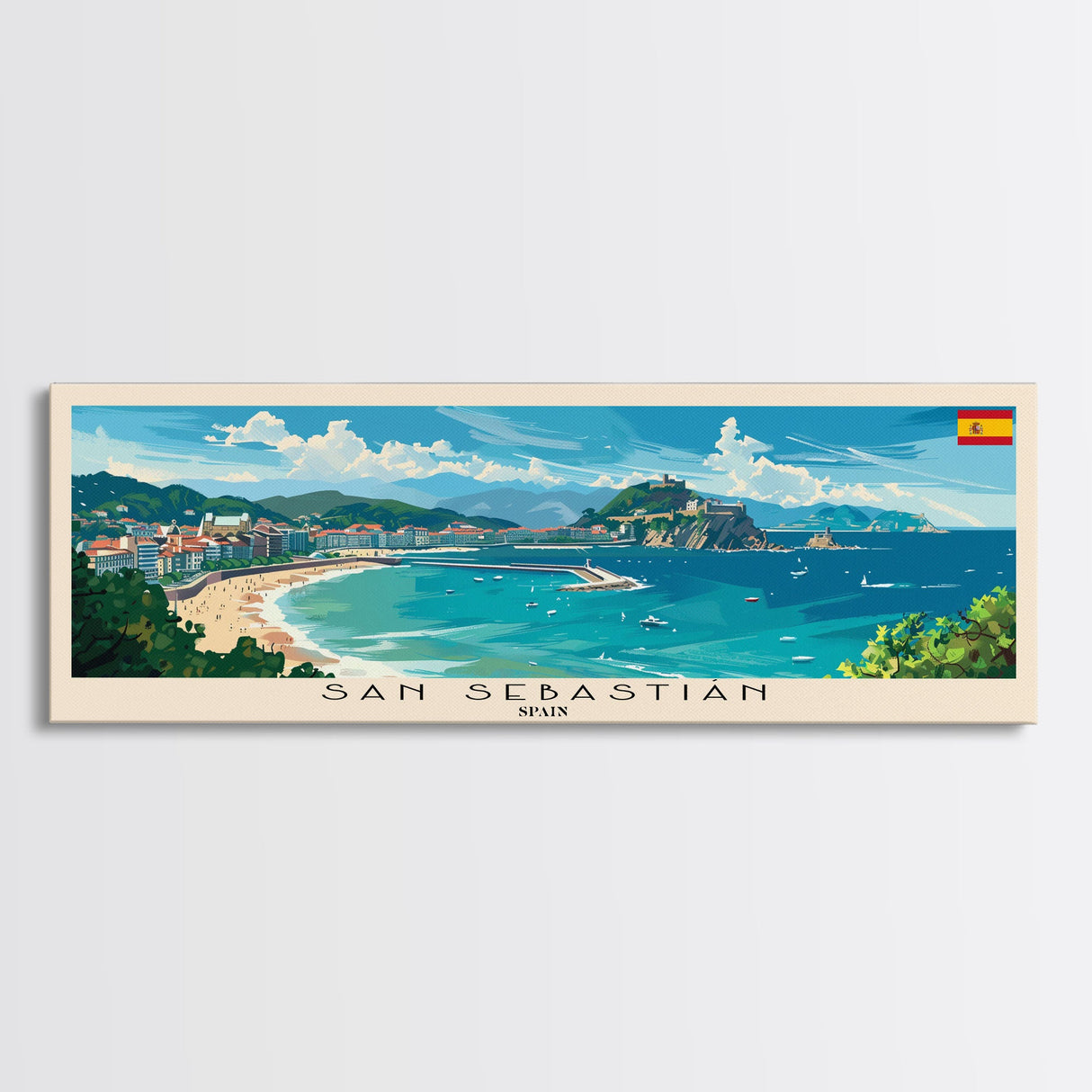 San Sebastian Spain Panoramic Travel Poster, Framed Canvas Print or Metal Wall Art, Travel Art, Home Decor, Panoramic Painting, Midcentury Art