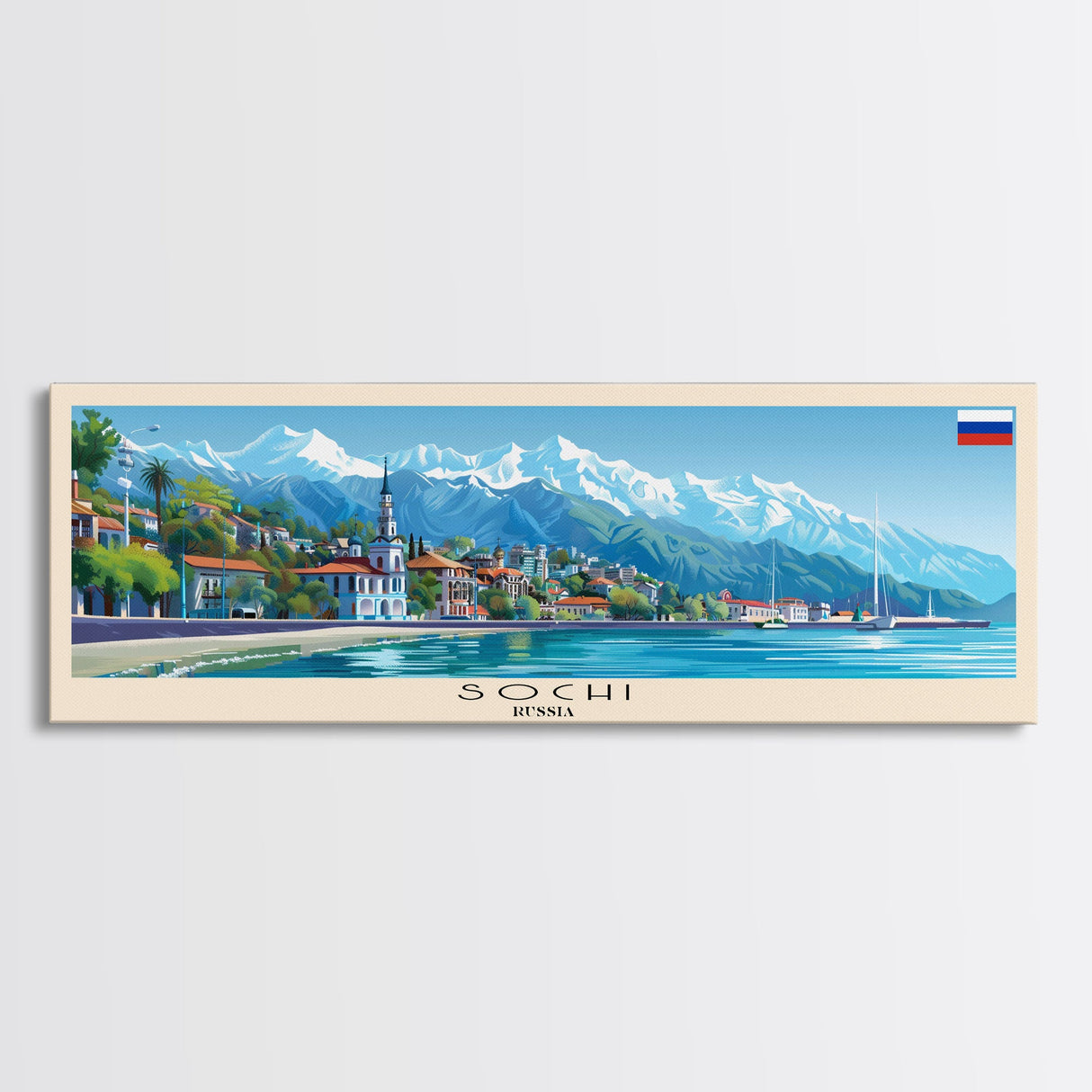 Sochi Russia Panoramic Travel Poster, Framed Canvas Print or Metal Wall Art, Travel Art, Home Decor, Panoramic Painting, Midcentury Art