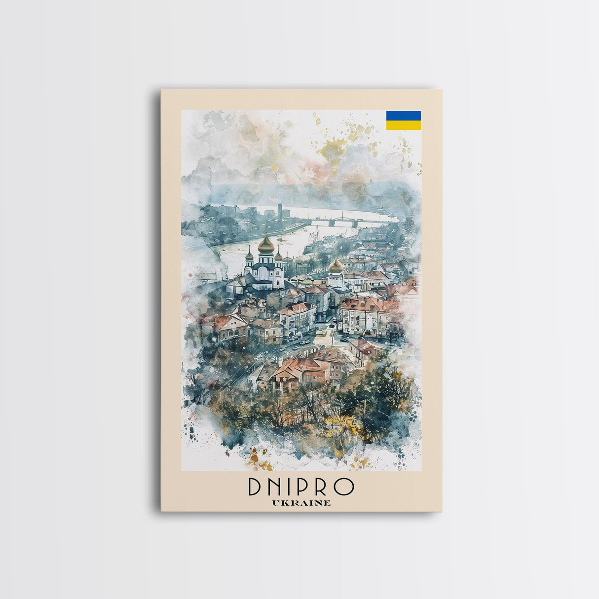 Dnipro Ukraine Urban Landscape Framed Canvas Print, Watercolor Travel Poster, Eastern European Wall Art, Elegant Home Decor, Retro Cityscape Art, Living Room Accent