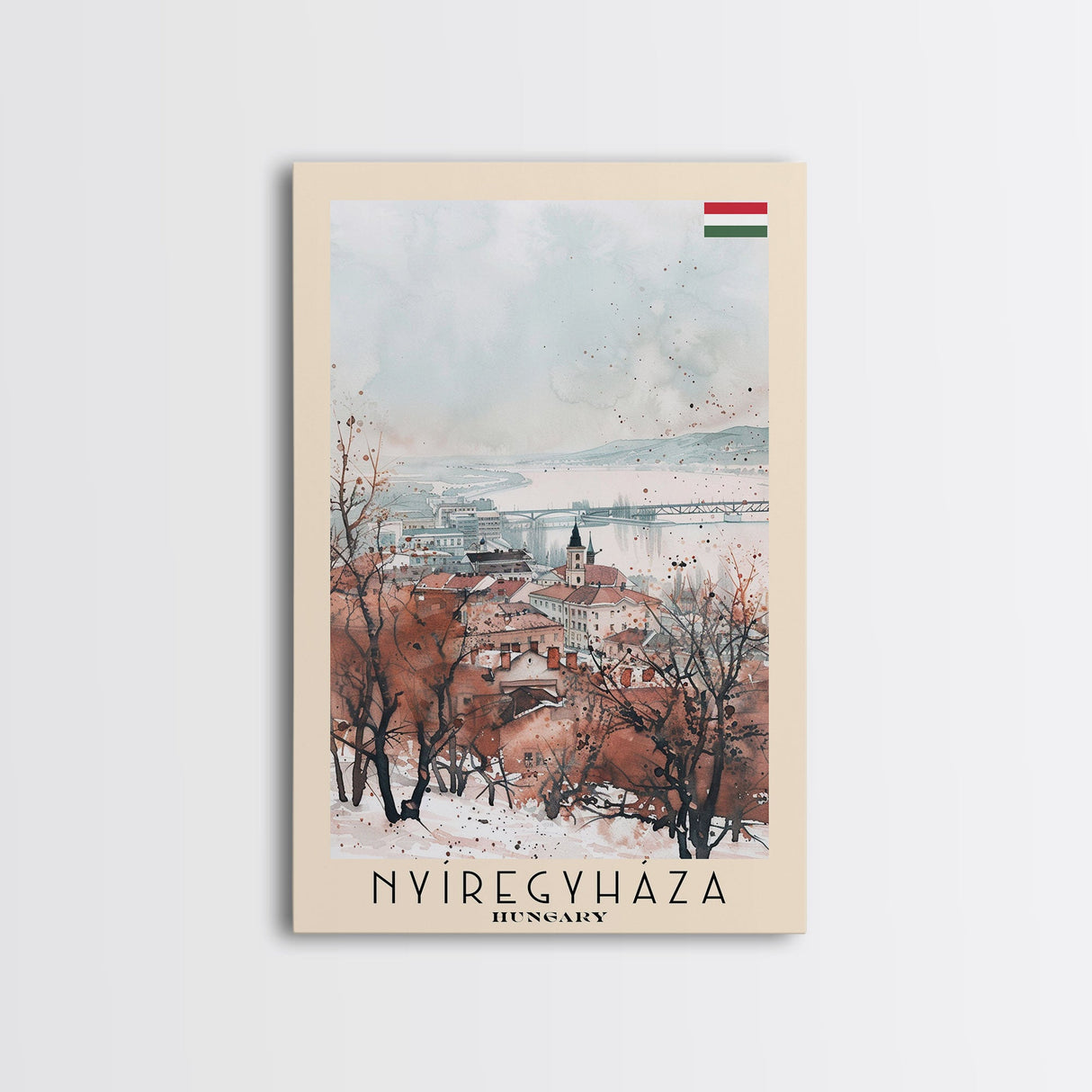 Nyiregyhaza Hungary Travel Poster Framed Canvas Print, Watercolor Painting, Scenic Wall Art, Home Decor, Hungarian Landscape, Rustic Art