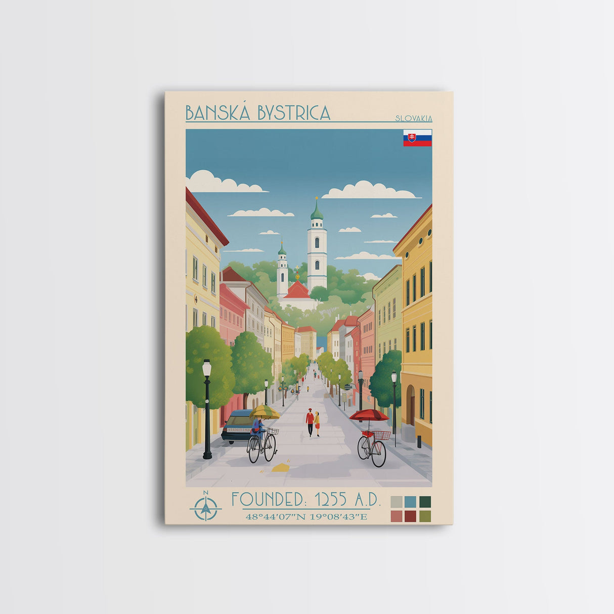 Banská Bystrica City in Slovakia Slovakia Travel Poster Framed Canvas Print, Midcentury Modern Art, Pop Art Wall Decor, Home Decor, Vacation Gift, Living Room Art