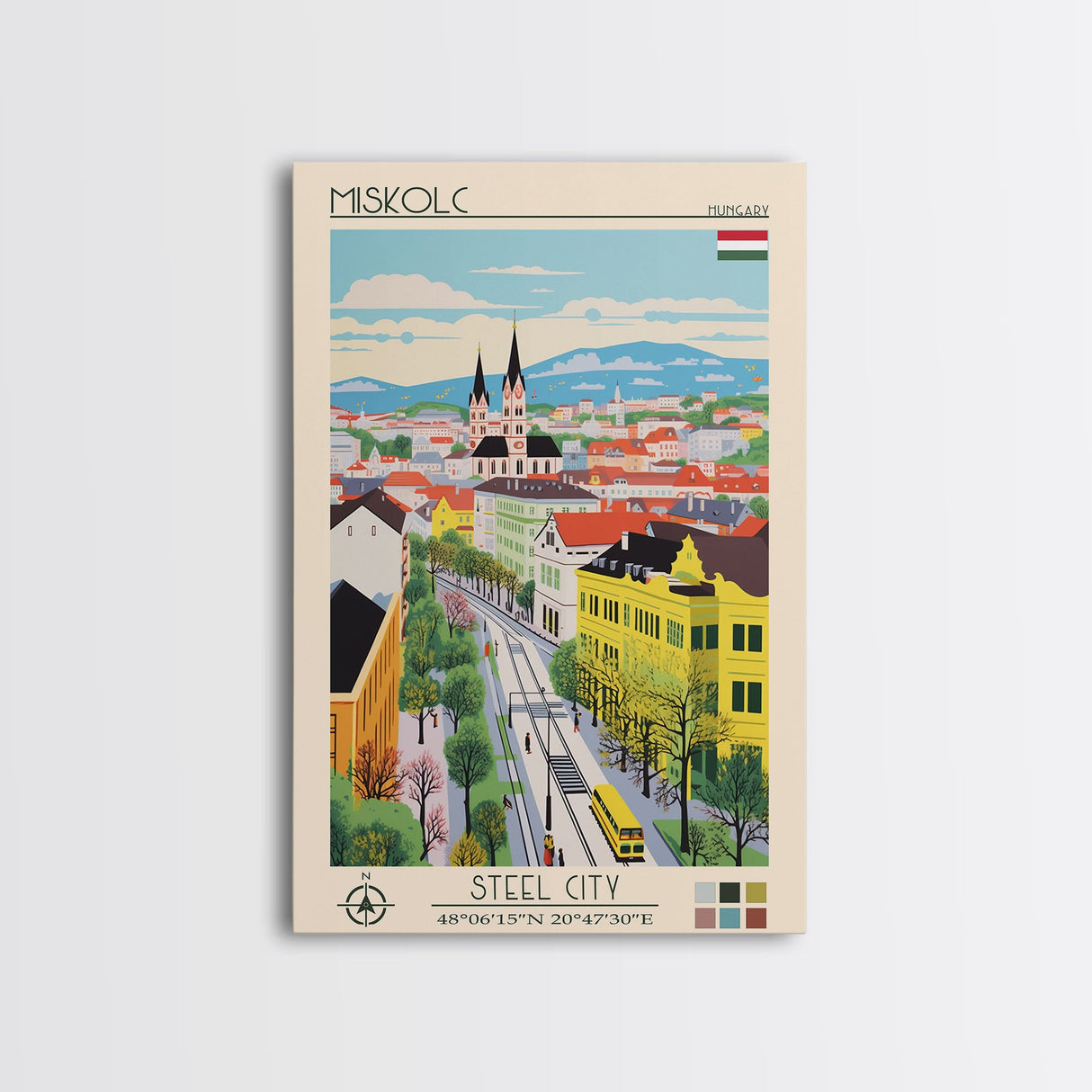 Miskolc Hungary Travel Poster Framed Canvas Print, Midcentury Modern Art, Pop Art Wall Decor, Scenic Living Room Art, Bedroom Decor