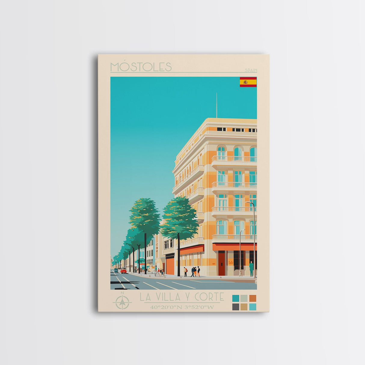 Mostoles Spain Travel Poster Framed Canvas Print, Midcentury Modern Art, Pop Art Wall Decor, Home Decor, Vacation Gift, Office Art