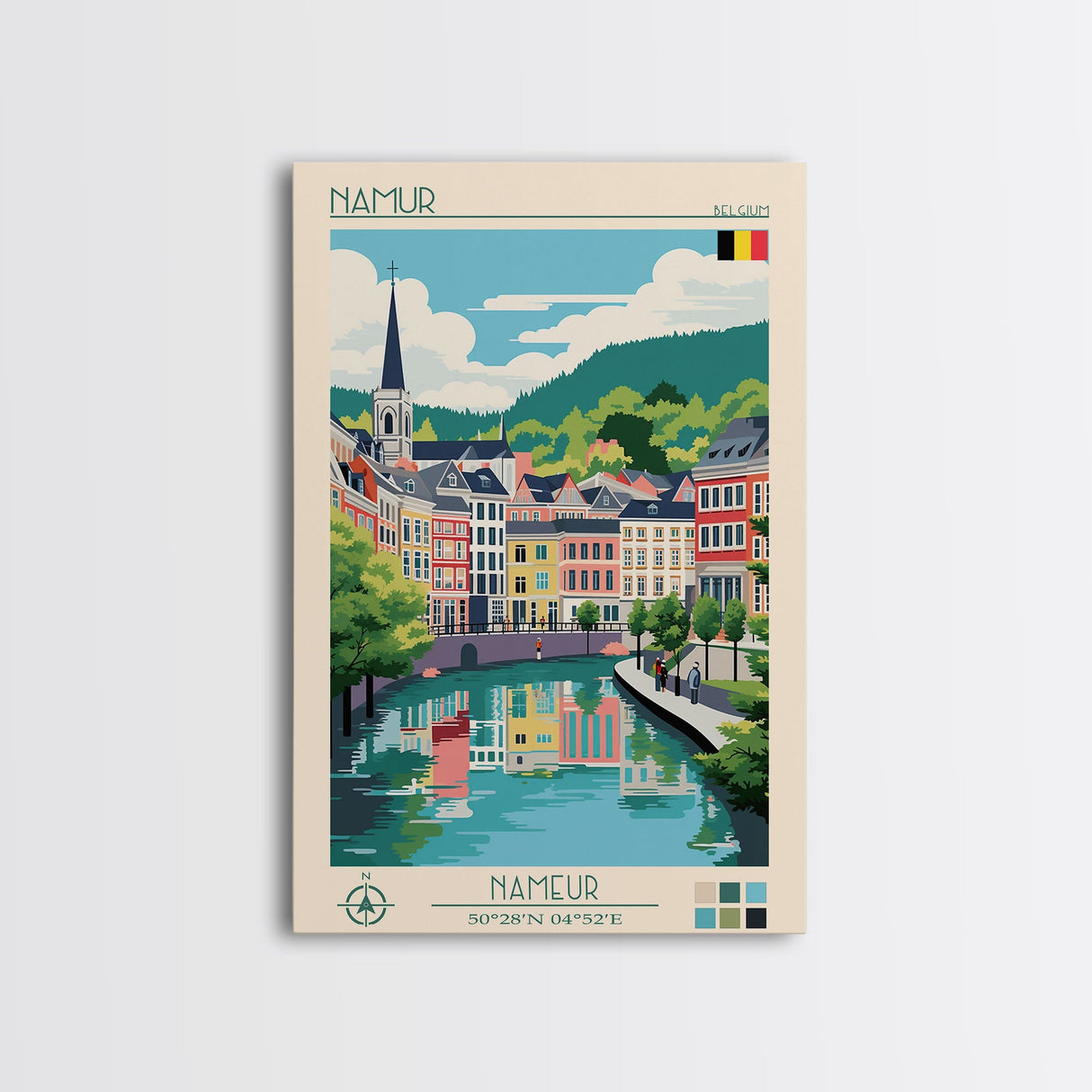 Namur Belgium Travel Poster Framed Canvas Print, Midcentury Modern Art, Pop Art Wall Decor, Scenic Wall Art, Living Room Decoration, Office Gift