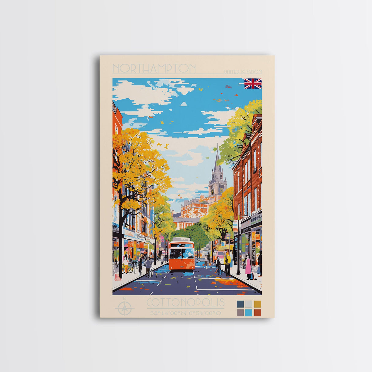 Northampton United Kingdom Travel Poster Framed Canvas Print, Midcentury Modern Art, Pop Art Wall Decor, Scenic Living Room Art, Bedroom Gift