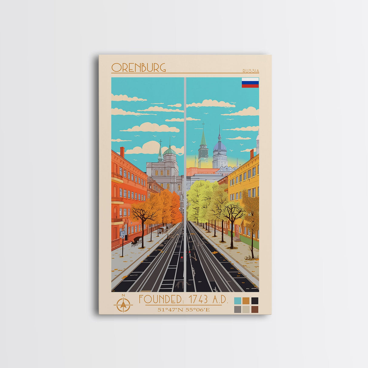 Orenburg Russia Travel Poster Framed Canvas Print, Midcentury Modern Art, Pop Art Wall Decor, Scenic Living Room Art, Bedroom Decor