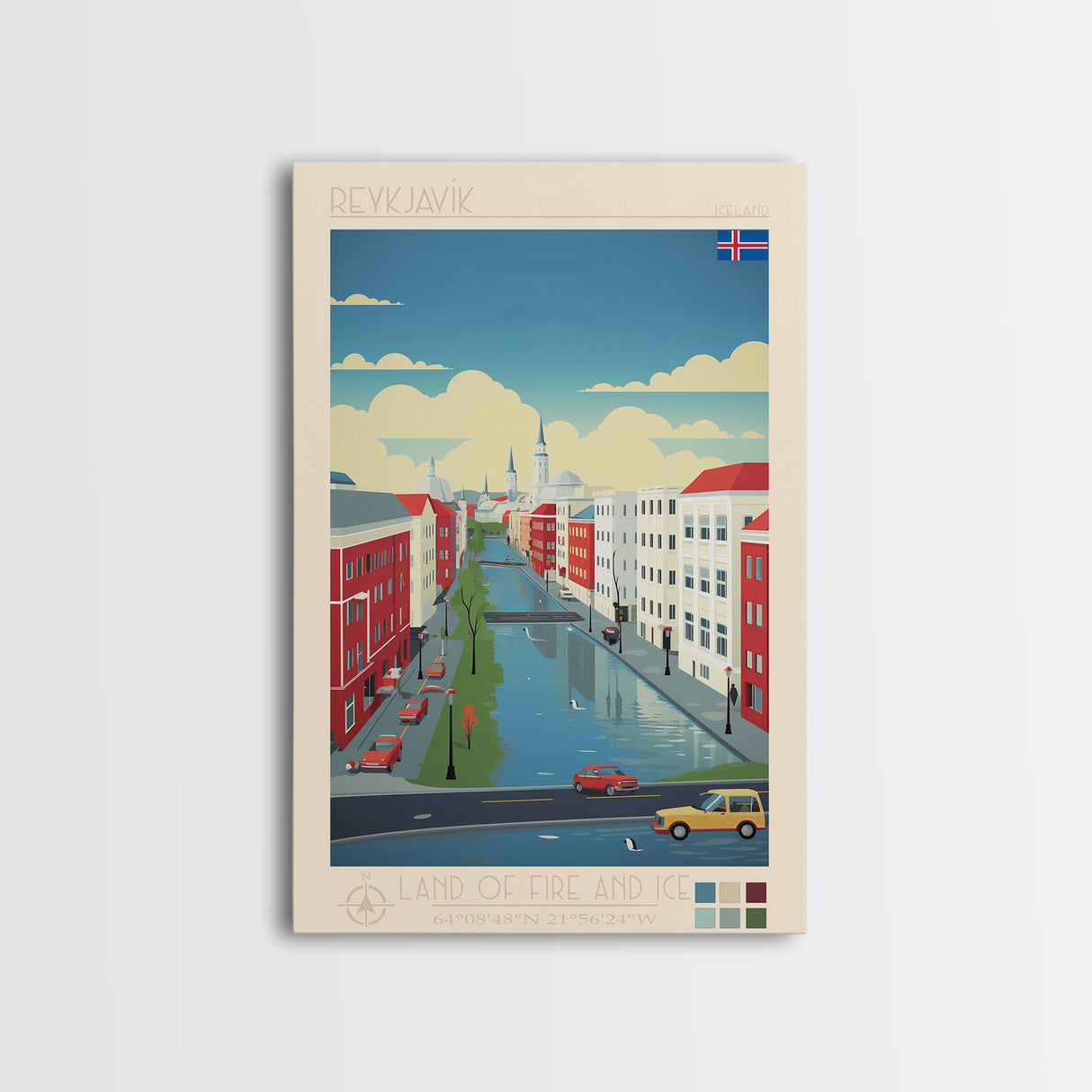 Reykjavik Iceland Travel Poster Framed Canvas Print, Midcentury Modern Art, Pop Art Wall Decor, Scenic Wall Art, Bedroom Decoration