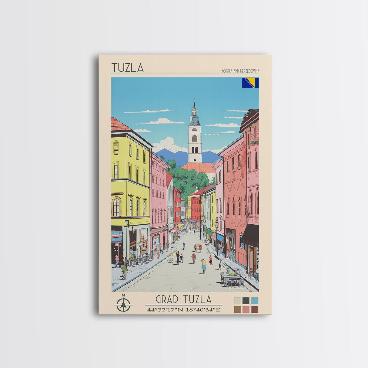 Tuzla Bosnia Travel Poster Framed Canvas Print, Midcentury Modern Art, Pop Art Wall Decor, Living Room Art, Vacation Gift