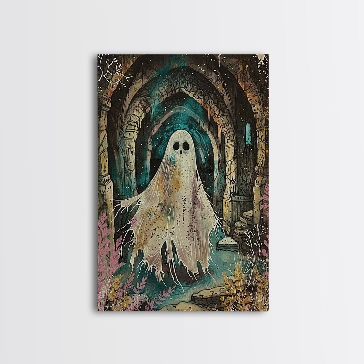 Ghostly Figure in Ancient Ruins Framed Canvas Print, Haunted Ruins Decor, Halloween Ghost Art, Eerie Ghostly Wall Art, Spooky Ghost Print