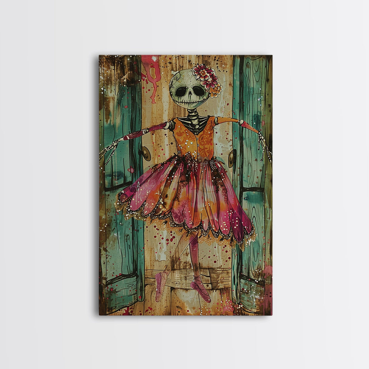 Spooky Skeleton Ballerina, Framed Canvas Print, Halloween Wall Art