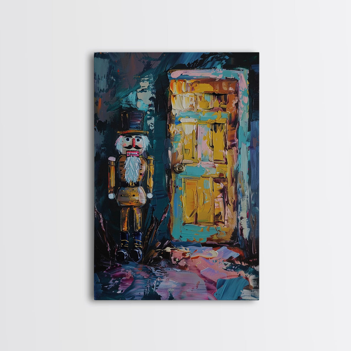 Nutcracker at Spooky Door Framed Canvas Print, Haunted Nutcracker Decor, Halloween Toy Art, Eerie Door Wall Art, Creepy Nutcracker Print