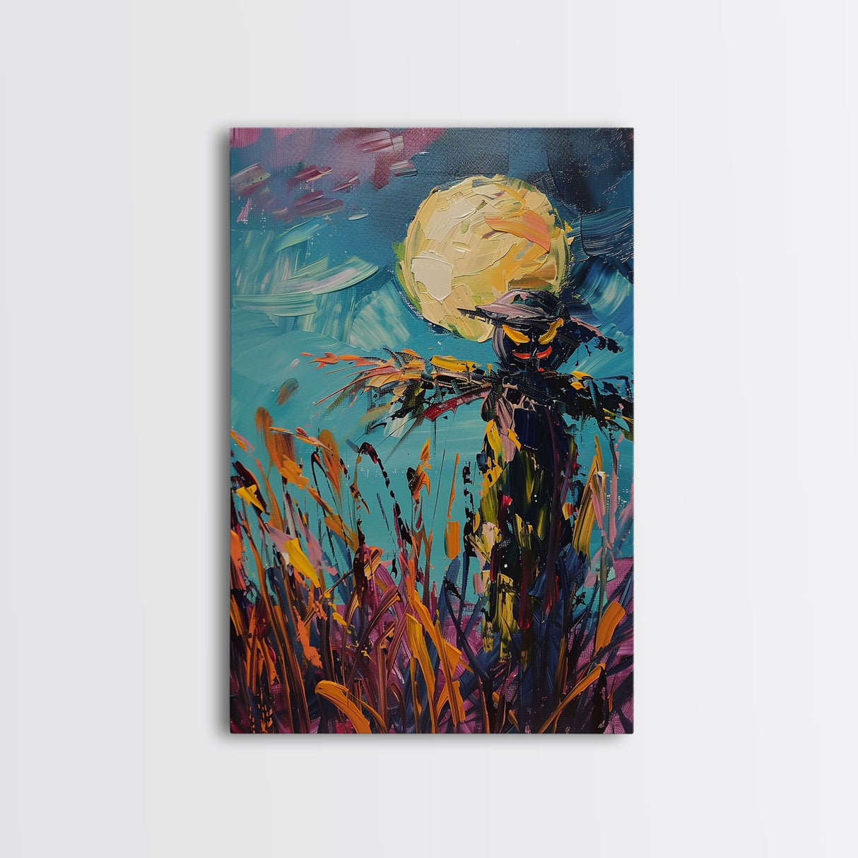 Halloween Spooky Scarecrow Under Full Moon Framed Canvas Print, Haunted Field Wall Art, Home Decor, Seasonal Decor, Gift Idea, Harvest Night