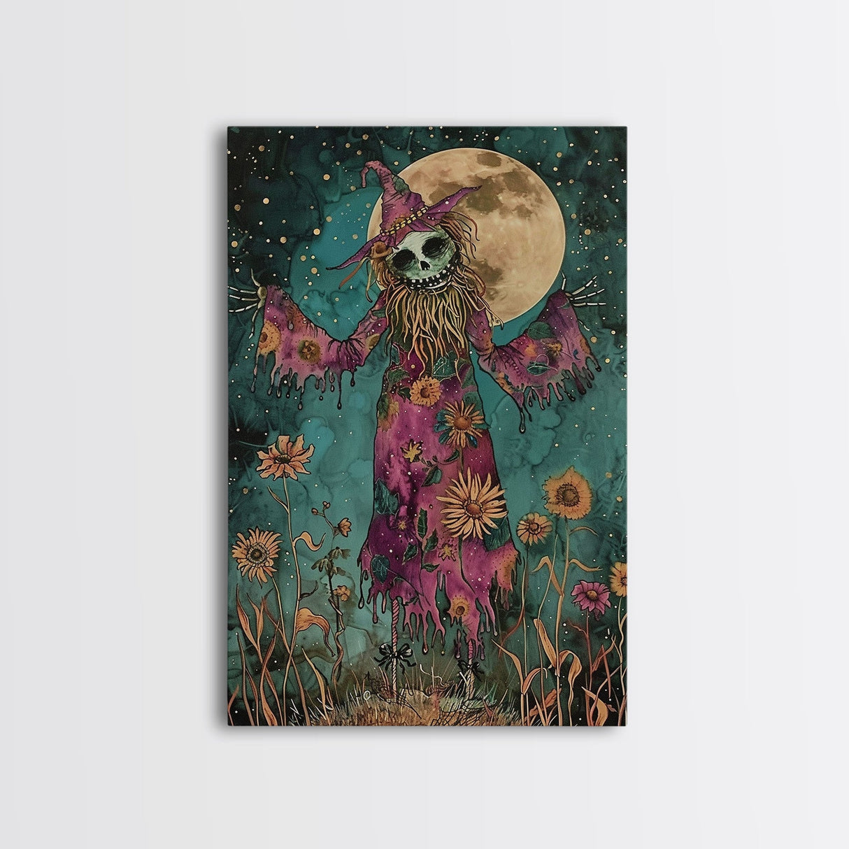 Halloween Creepy Scarecrow with Glowing Pumpkin Head Framed Canvas Print Haunted Harvest Wall Art Home Decor, Decor, Gift Idea, Spooky Vibes