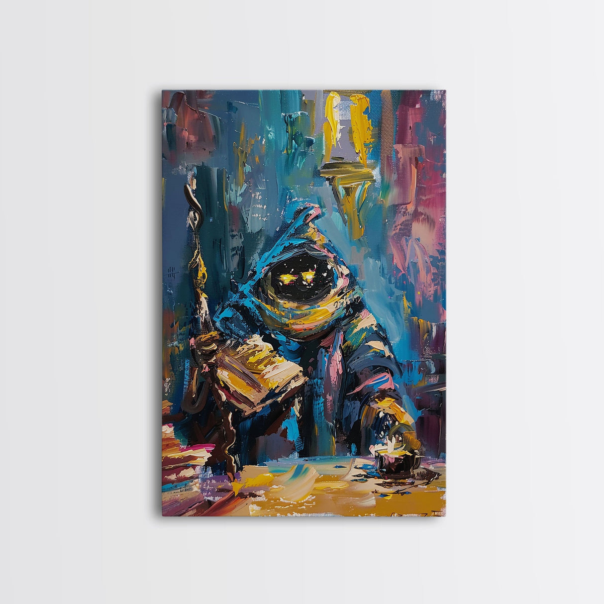 Halloween Creepy Wizard Reading Spells Framed Canvas Print, Spooky Wall Art, Home Decor, Occult Decor, Gift Idea, Dark Magic