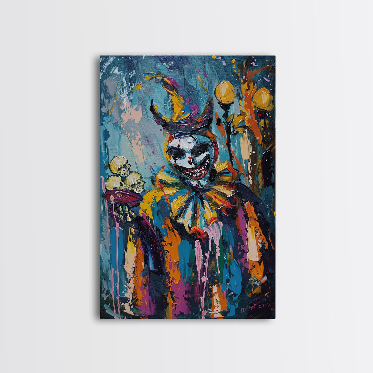 Halloween Grinning Clown with Skulls Framed Canvas Print, Scary Wall Art, Home Decor, Haunted Decor, Gift Idea, Creepy Circus