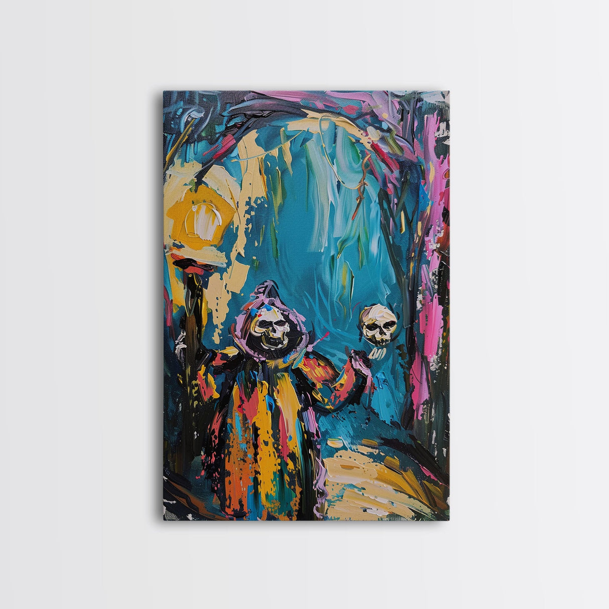 Halloween Ghostly Figure with Lantern Framed Canvas Print, Spooky Wall Art, Home Decor, Haunted Decor, Gift Idea, Night Haunt