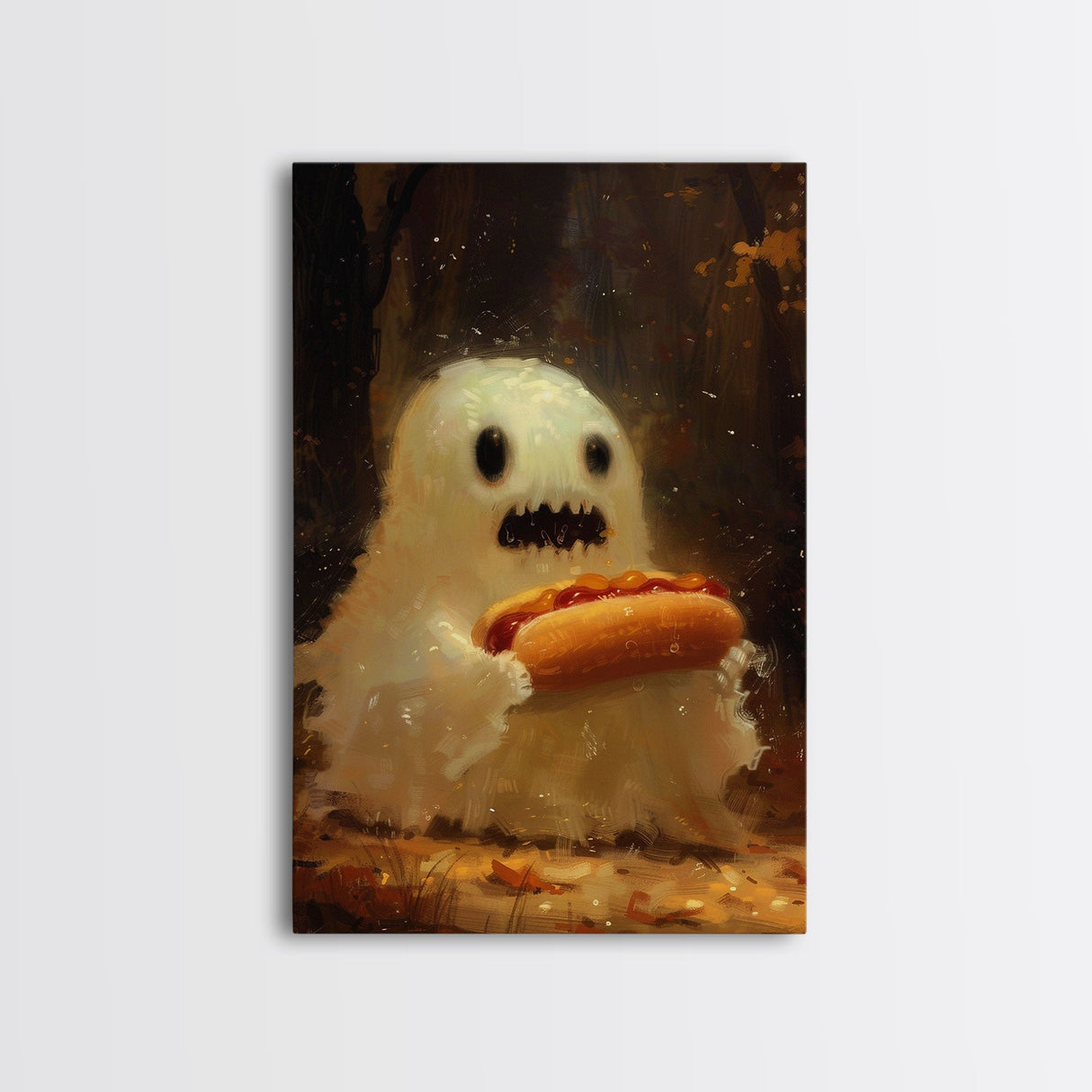 CHOMP! Cute Lil Ghost Eatin' a Dog, The Hot Dog Ghost, Haunted Hot Dog Thief, Framed Canvas Print, Halloween Art