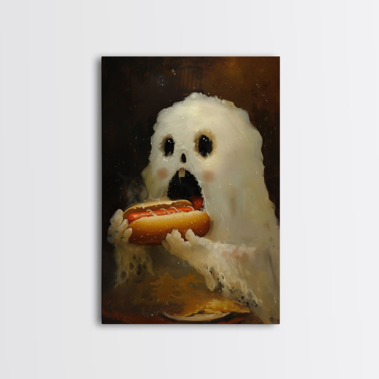 Ghostly Hot Dog Thief, Cute Lil Ghost Eatin' a Dog, The Hot Dog Ghost, Haunted Hot Dog Thief, Framed Canvas Print, Halloween Art